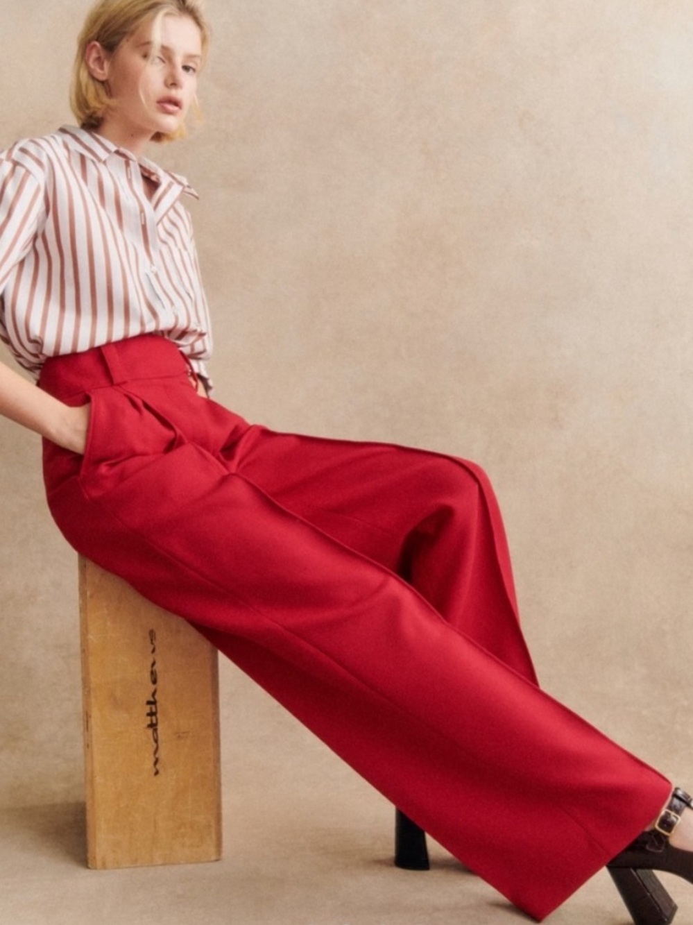 Sezane Coral Red Aldo Trouser Cotton Blend High Waist Dress Pants Size 38 or 6 - Picture 2 of 16